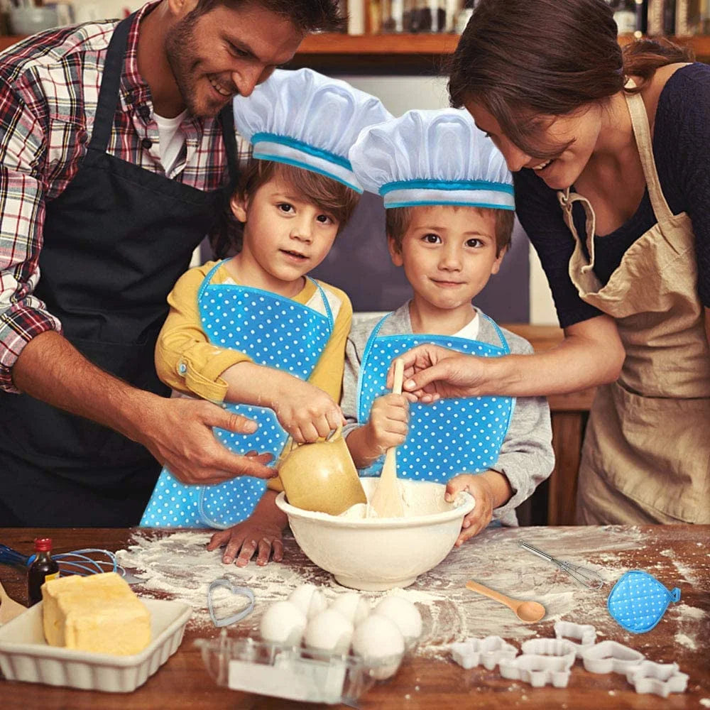 Kids Cooking Set, 11 Piece Chef Role Play Baking Kit for Ages 3-8, Apron, Chef Hat, Oven Mitt, Utensils & Cookie Cutters, Pretend Kitchen Toy Gift, Blue