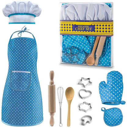 Kids Cooking Set, 11 Piece Chef Role Play Baking Kit for Ages 3-8, Apron, Chef Hat, Oven Mitt, Utensils & Cookie Cutters, Pretend Kitchen Toy Gift, Blue