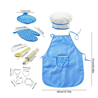 Kids Cooking Set, 11 Piece Chef Role Play Baking Kit for Ages 3-8, Apron, Chef Hat, Oven Mitt, Utensils & Cookie Cutters, Pretend Kitchen Toy Gift, Blue