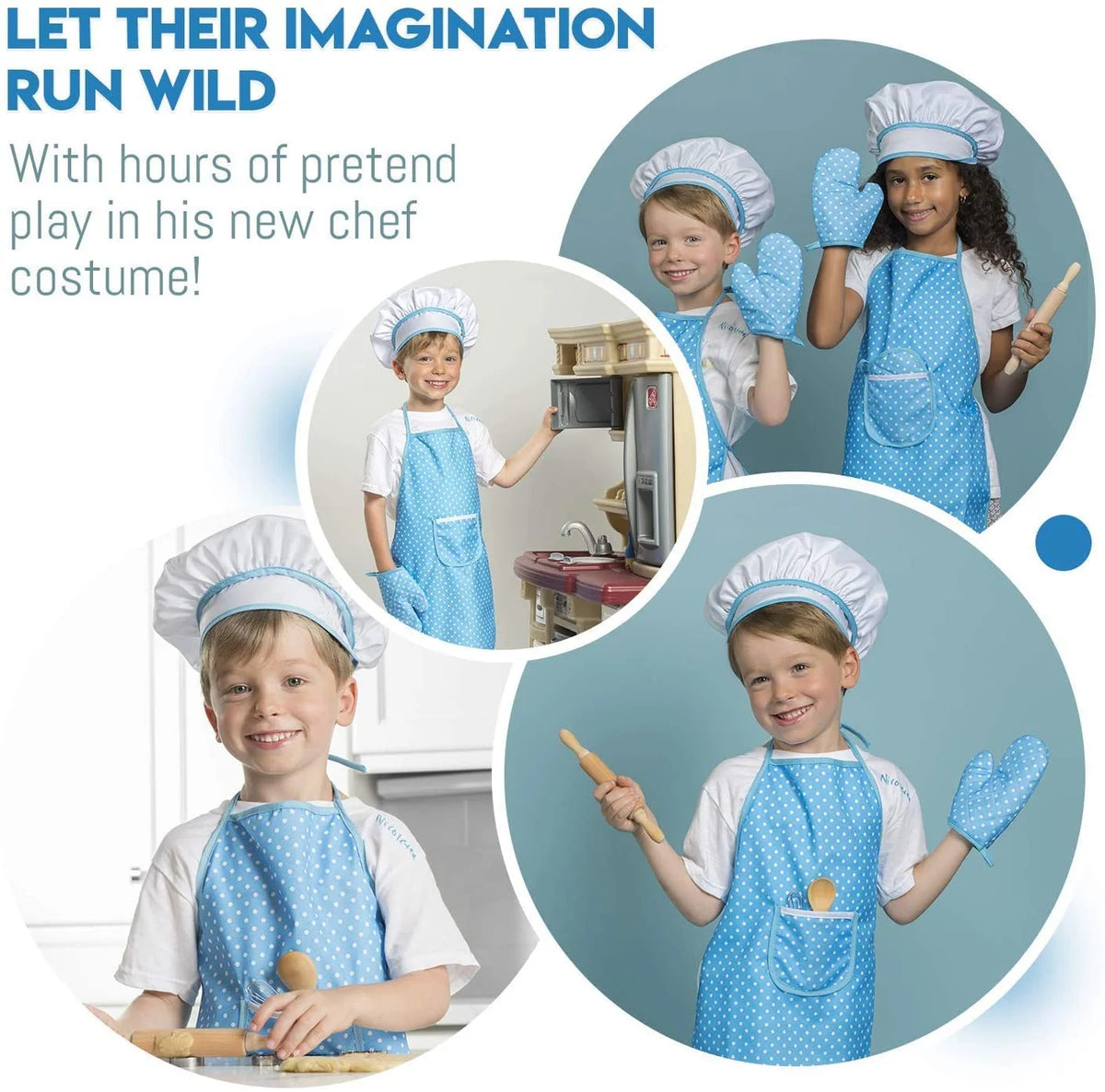 Kids Cooking Set, 11 Piece Chef Role Play Baking Kit for Ages 3-8, Apron, Chef Hat, Oven Mitt, Utensils & Cookie Cutters, Pretend Kitchen Toy Gift, Blue